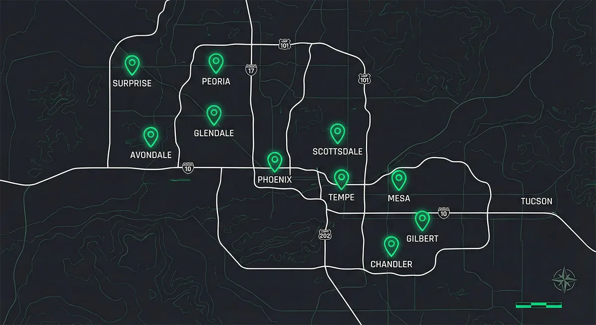 Phoenix metro area service map showing Scottsdale, Phoenix, Tempe, Mesa, Chandler, Gilbert, Glendale, and Peoria