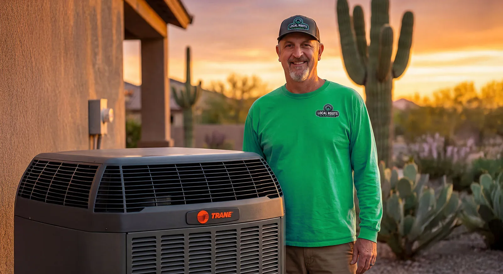 Local Roots HVAC technician next to Trane AC unit with Arizona sunset