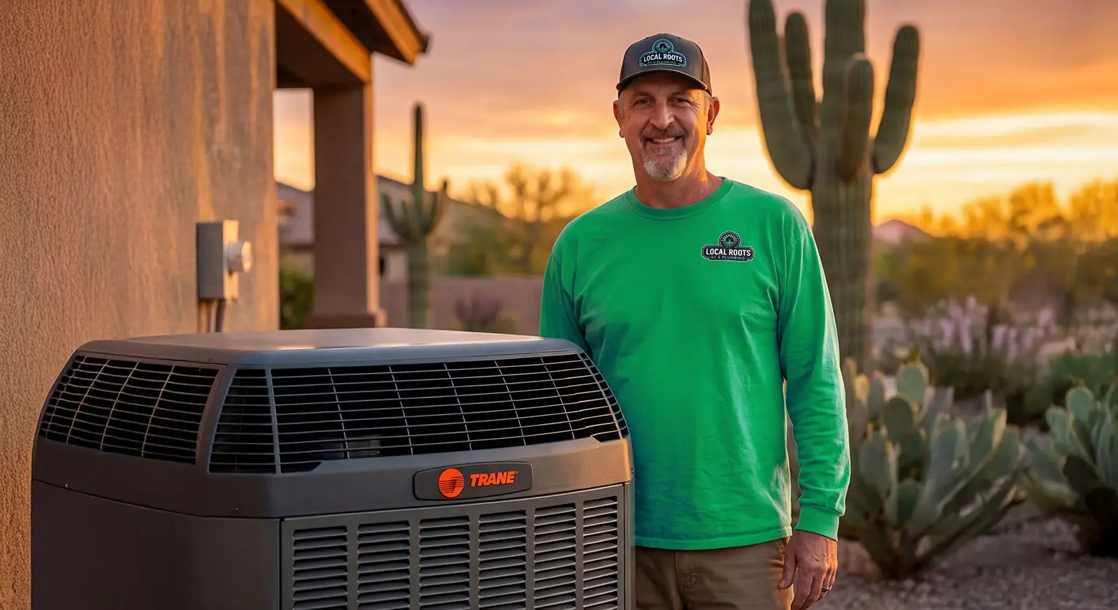 Local Roots HVAC technician next to Trane AC unit with Arizona sunset
