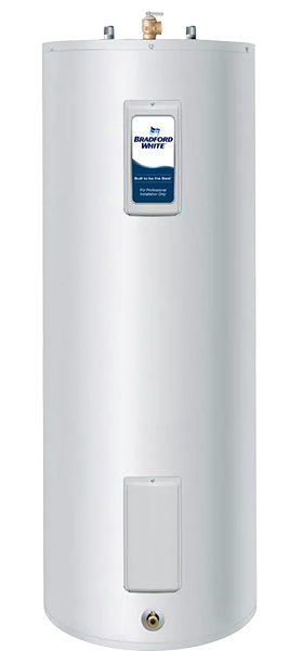 Bradford White residential tank water heater with Defender Safety System label